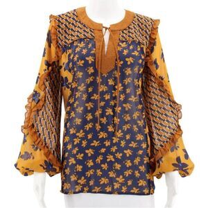 Cabi HARMONY Floral Geometric Pattern Navy Blue Orange Semi Sheer Ruffled Blouse